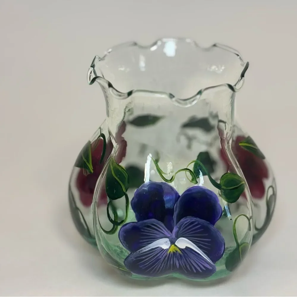 Hand-Painted Floral Glass Vase Fluted Top